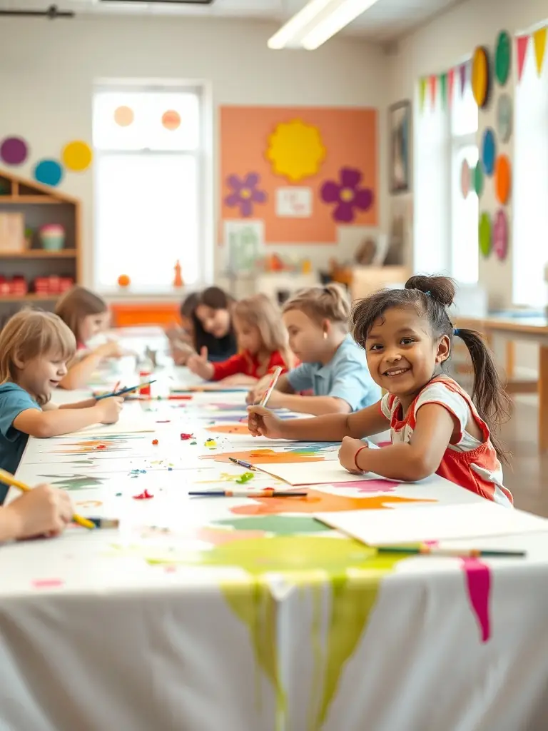 A photo of children participating in an arts and crafts workshop during a school holiday program, emphasizing creativity and learning.