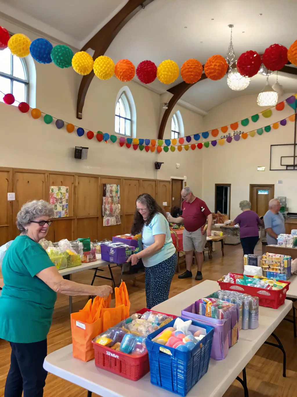 A picture of volunteers setting up decorations for a Christmas celebration, highlighting the collaborative effort and festive atmosphere.