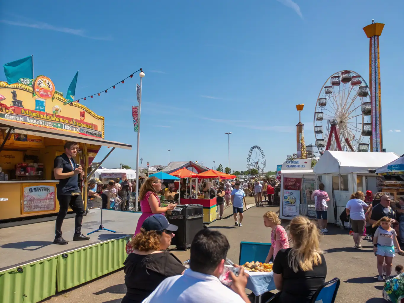 A vibrant image depicting a local festival organized by ASSO COMITE DES FETES, showcasing people of all ages enjoying music, food, and crafts.