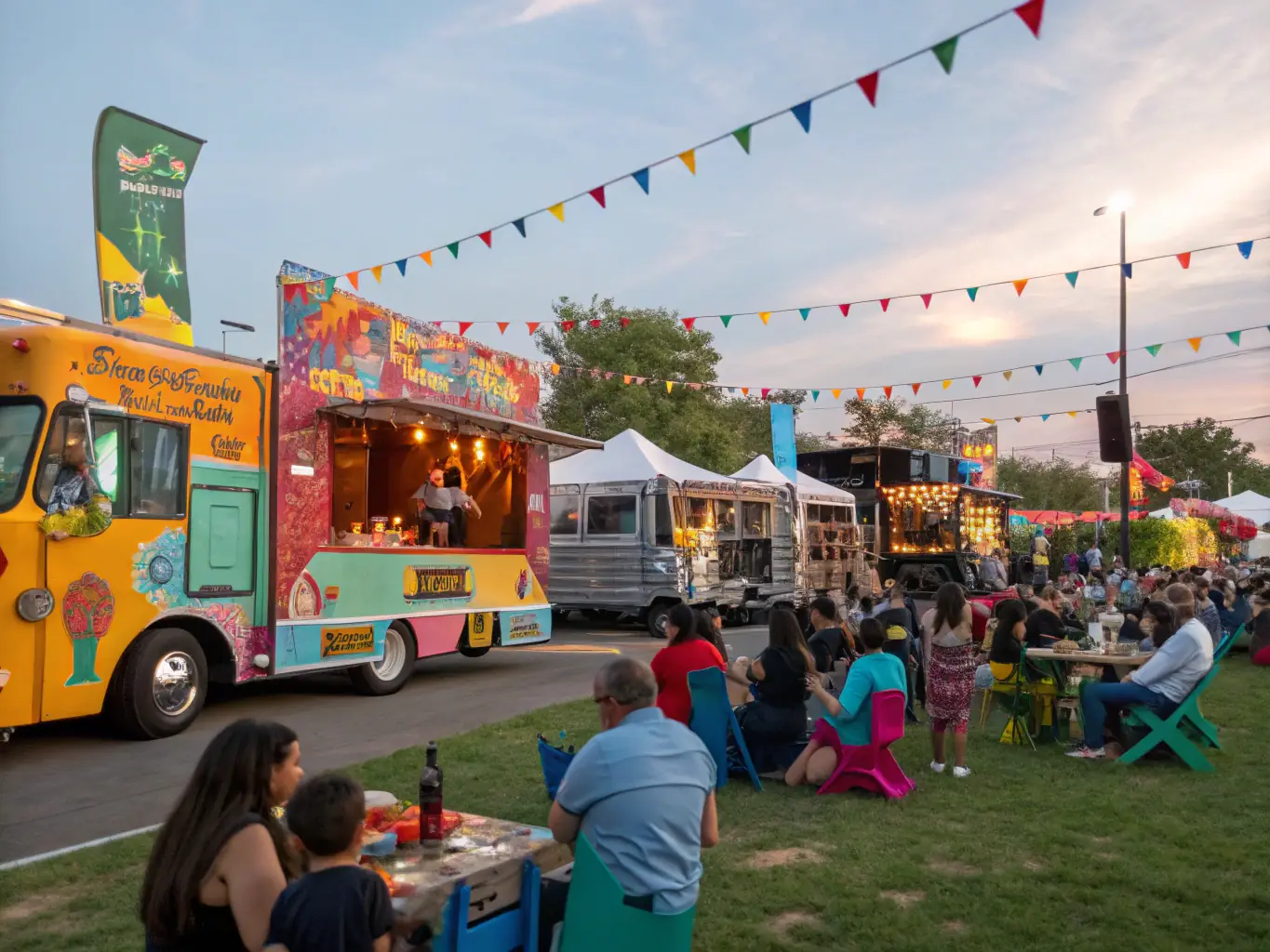 A vibrant image depicting a local festival organized by ASSO COMITE DES FETES, showcasing people of all ages enjoying music, food, and games in a public square.
