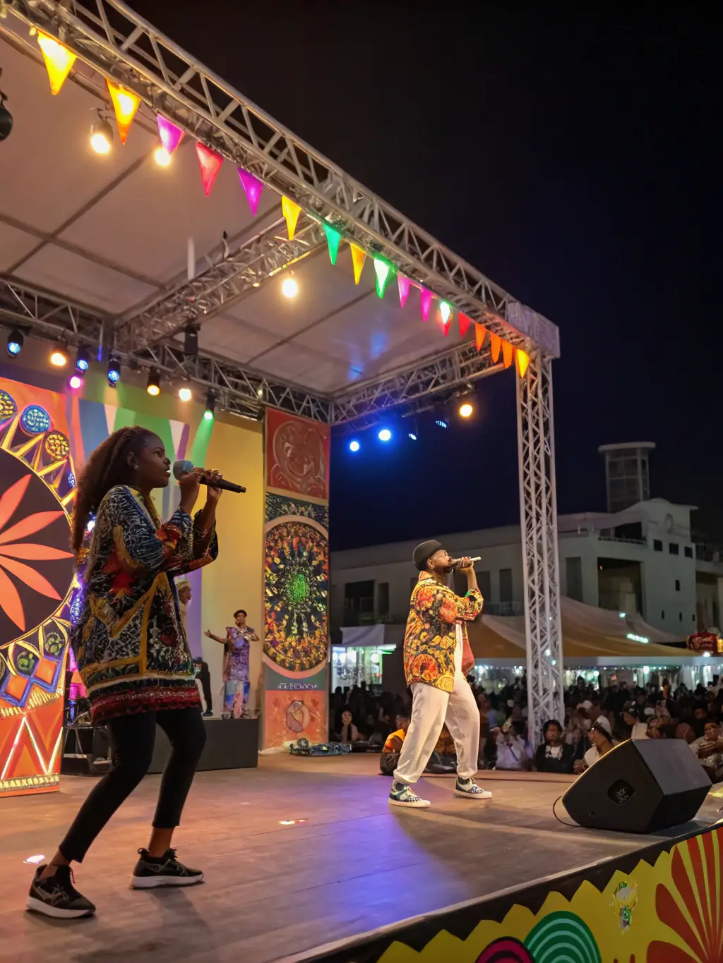 A picture of local artists performing on stage during a cultural event, highlighting the organization's support for the arts and local talent.