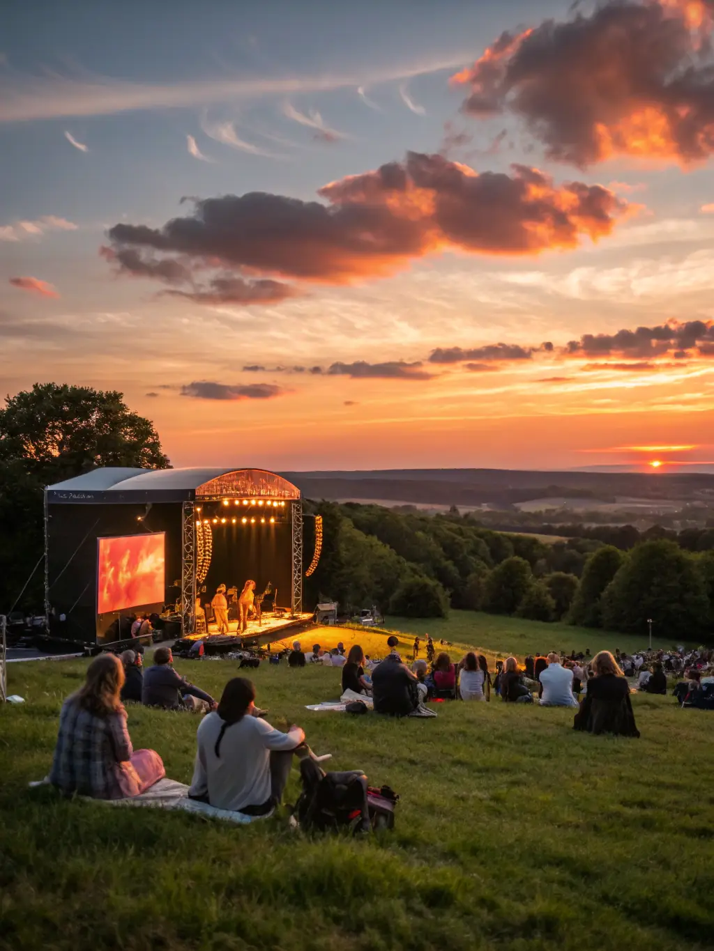 A photograph of a local band performing at a summer concert in the park, showcasing the promotion of local talent and cultural experiences.