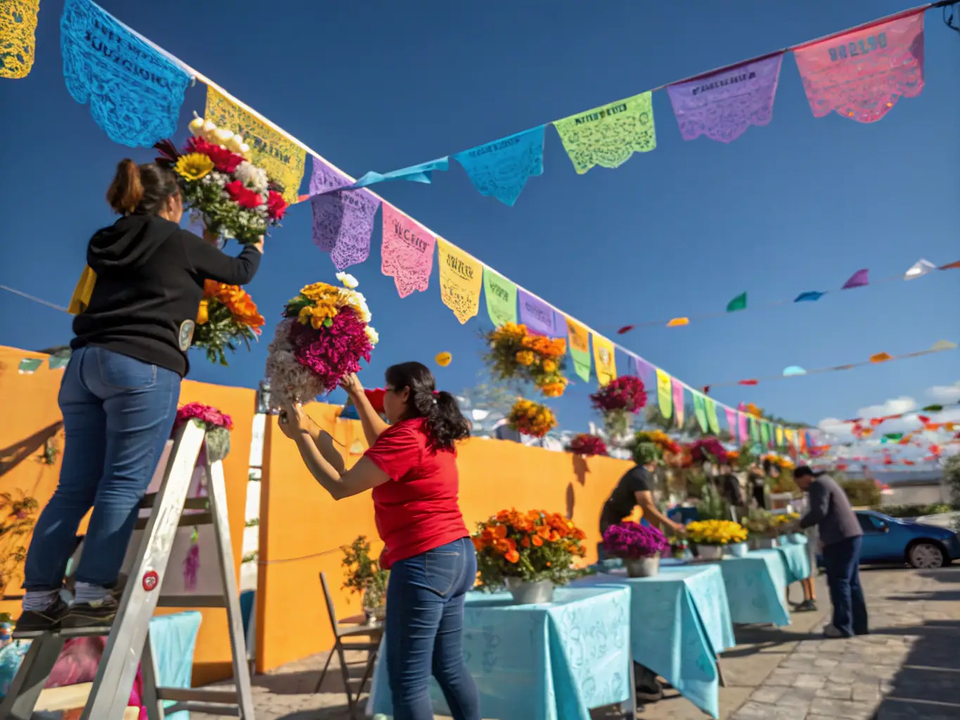A group of volunteers from ASSO COMITE DES FETES working together to set up decorations for a community event, showcasing teamwork and dedication.