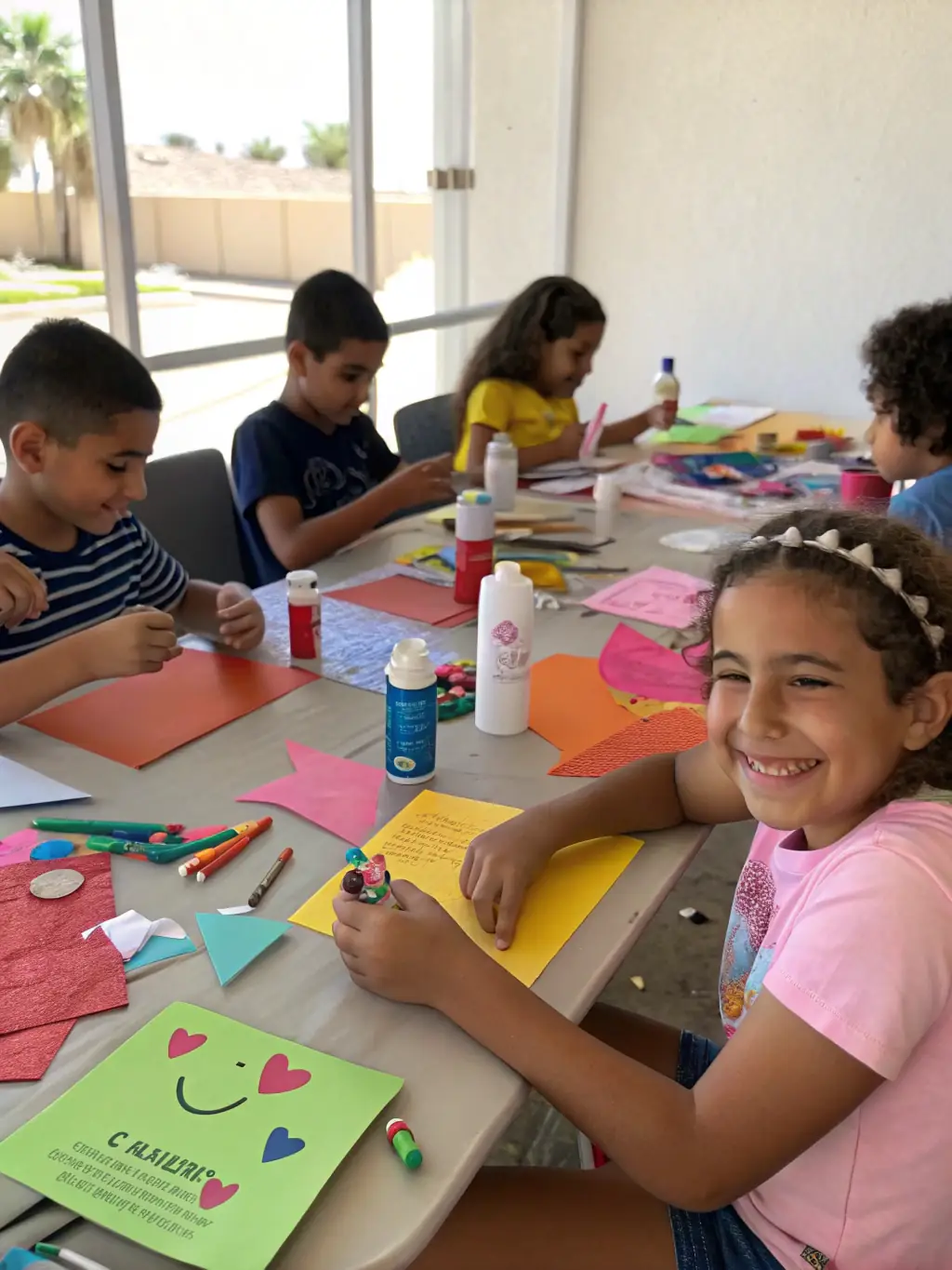 A photo of children participating in an arts and crafts activity during a community fair, emphasizing the organization's commitment to engaging youth.