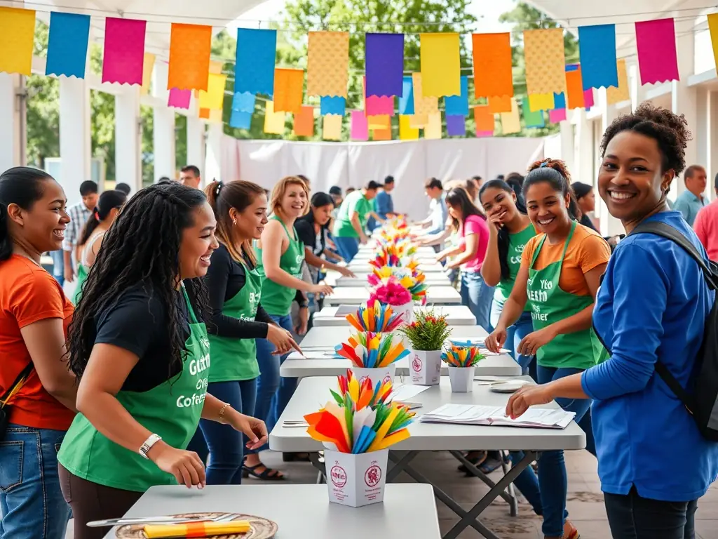 An image showing volunteers setting up a community fair, with stalls offering local crafts, produce, and information about ASSO COMITE DES FETES.