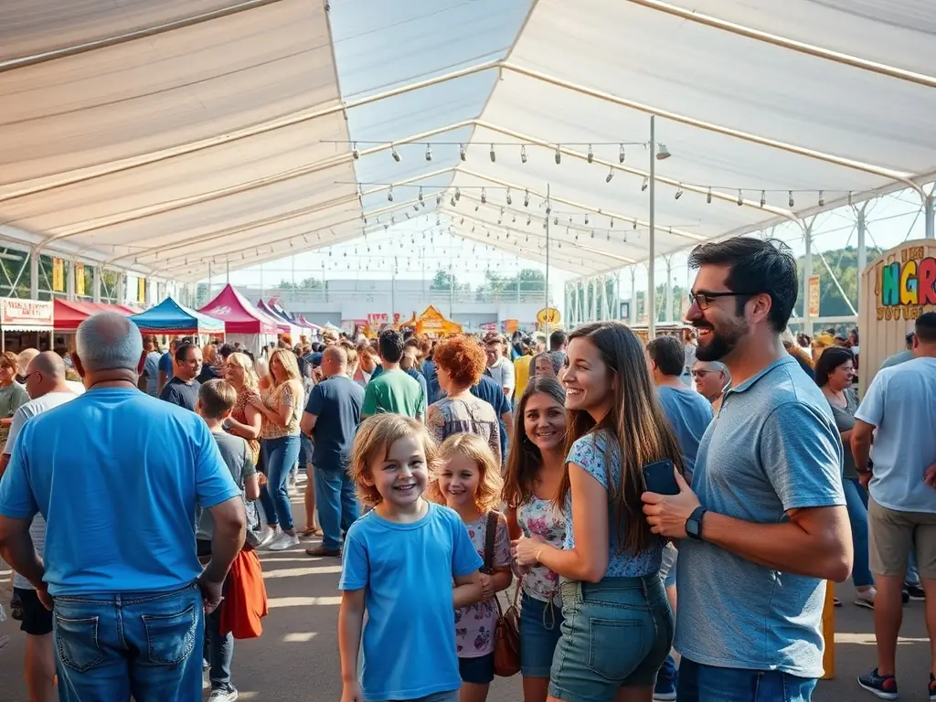 A lively scene from a local festival organized by ASSO COMITE DES FETES, featuring families enjoying games, food stalls, and live music under colorful banners.