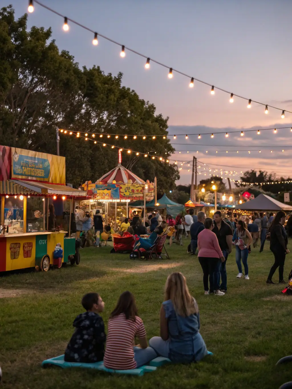 A vibrant image of the annual village festival, showcasing families enjoying games, food stalls, and live music, capturing the essence of community spirit.