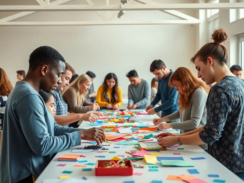 A photograph of a community workshop organized by ASSO COMITE DES FETES, showing participants actively engaged in learning a new skill.