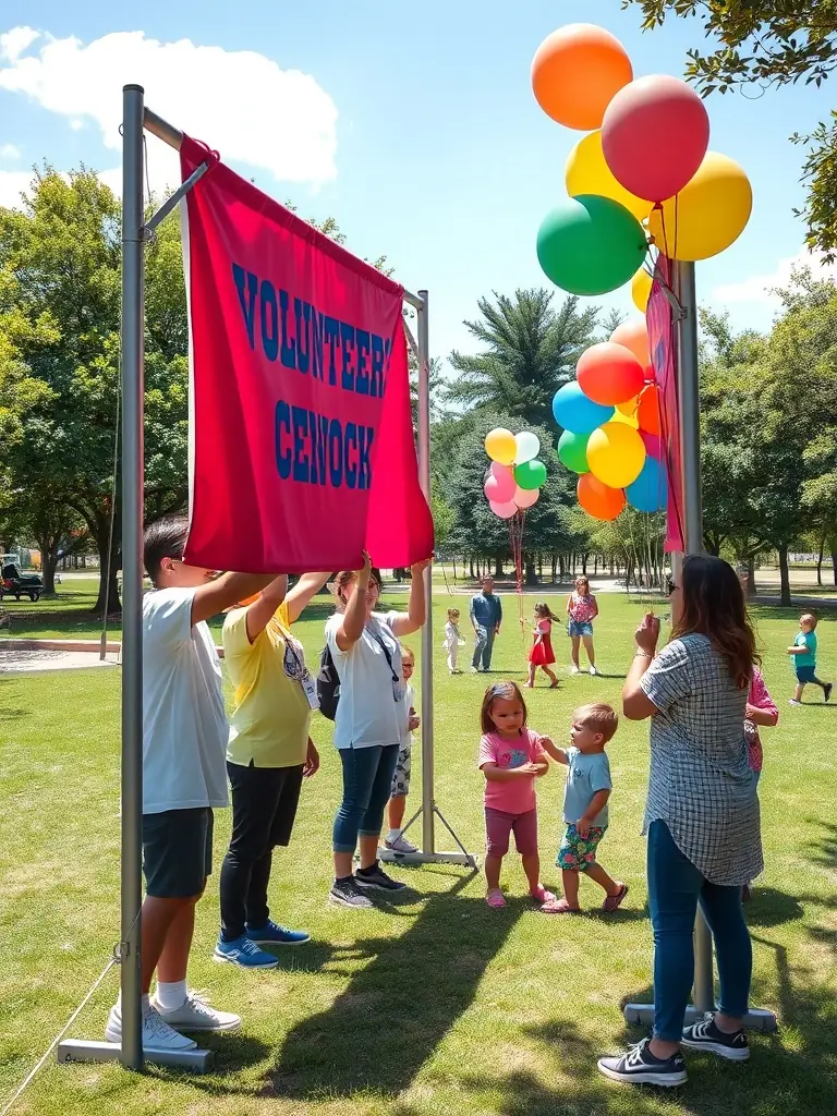 A photograph capturing volunteers setting up decorations for a local festival, showcasing community involvement and preparation for a festive event.